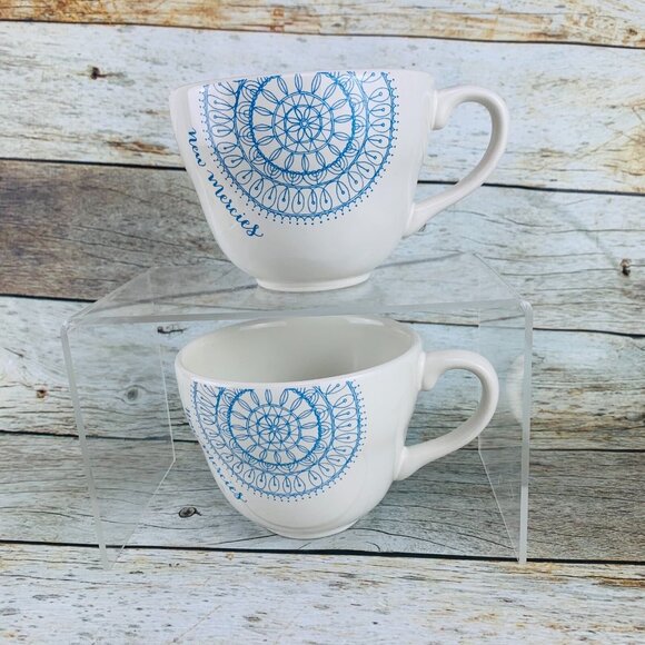 Mary & Martha 2016 NEW MERCIES White Blue Floral Design Cups and Saucers Set 2 - Picture 6 of 11